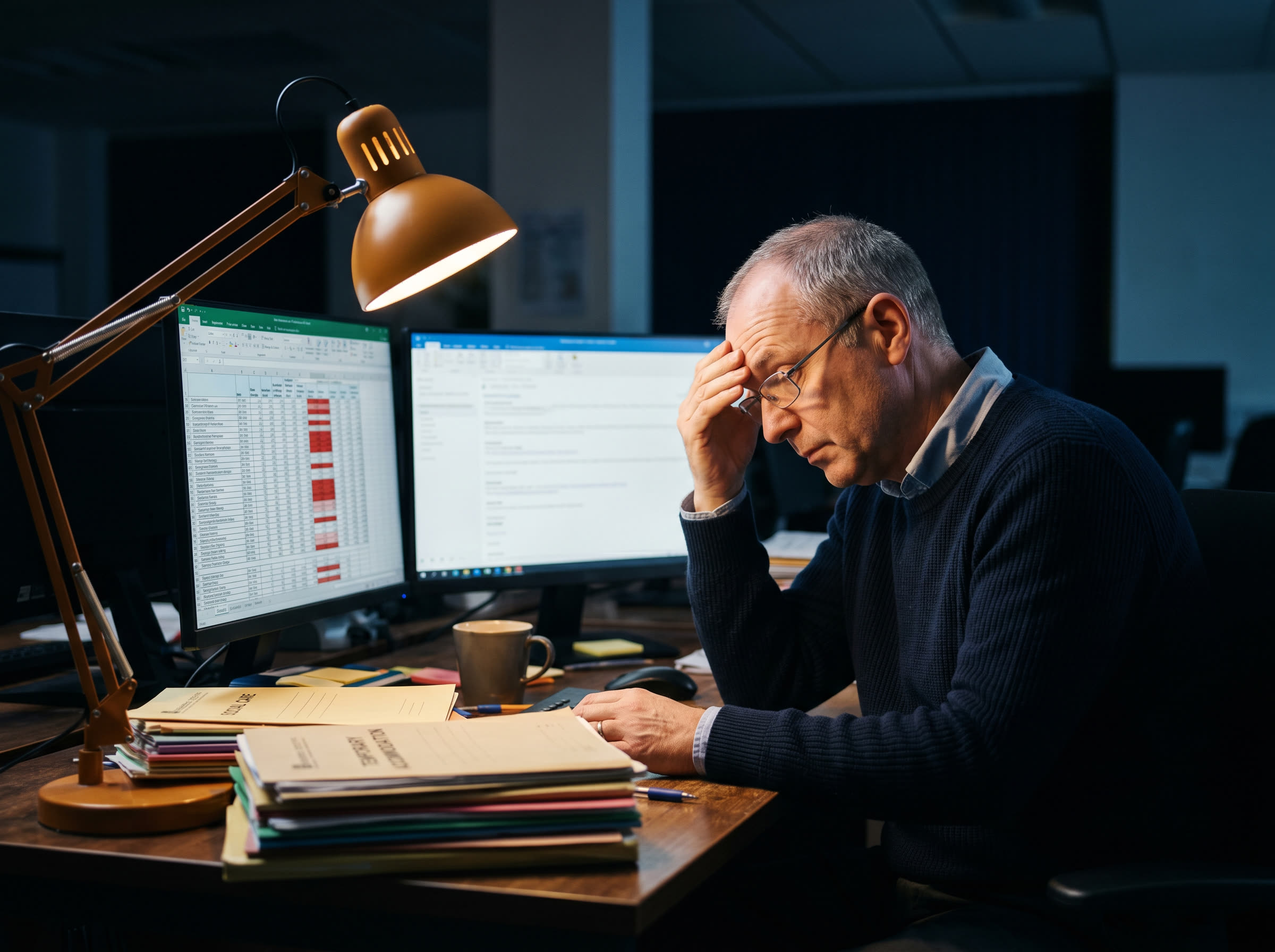 A council Section 151 finance officer working late at a desk with budget overspend reports on screen, surrounded by social care and temporary accommodation files