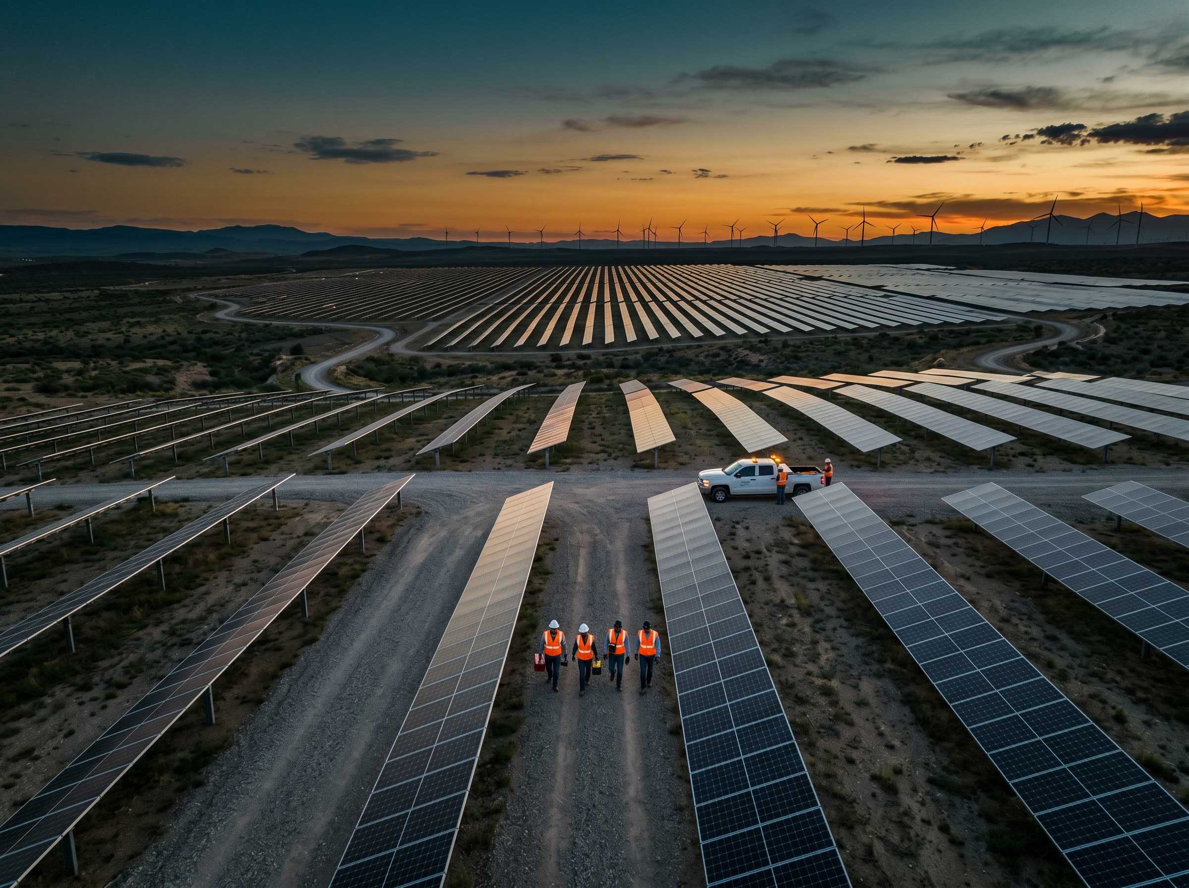 Aerial view of a large solar farm at dusk with a maintenance crew walking between rows