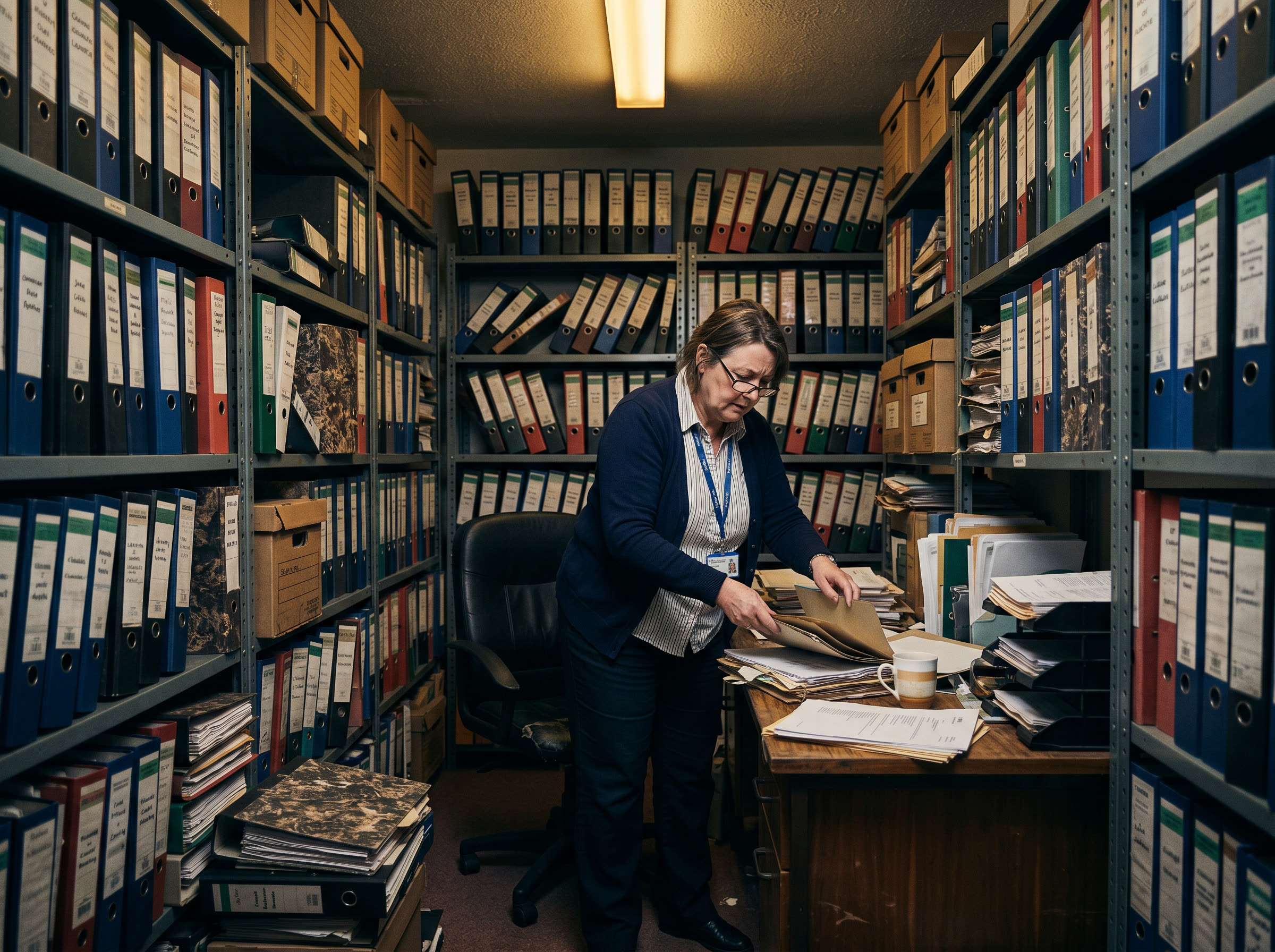 A council records archive room packed with overflowing lever-arch binders and compliance folders, with a single officer searching through paperwork