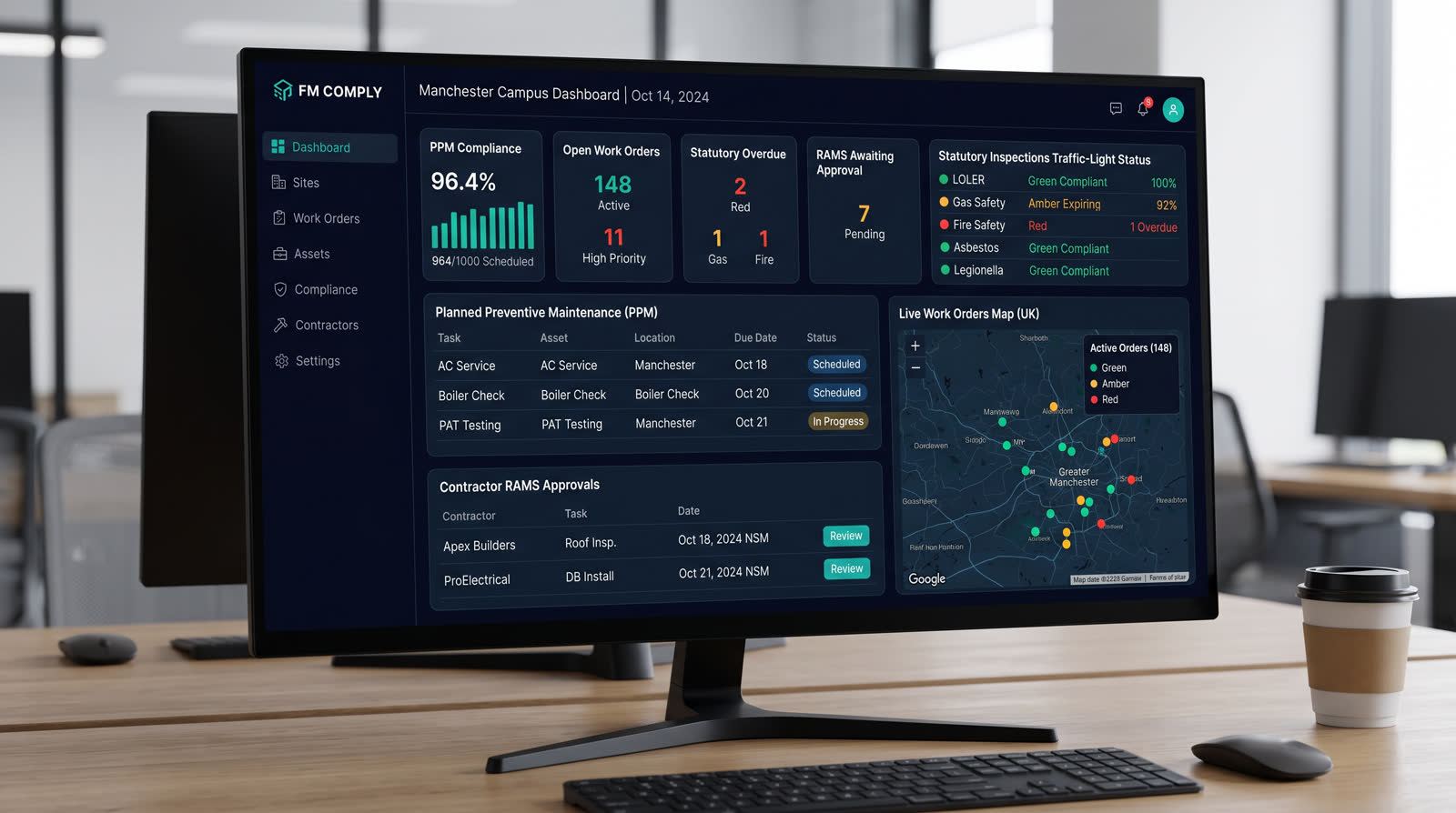 Intuety facilities management dashboard showing planned preventive maintenance, statutory inspection traffic-lights, live work-order map, contractor RAMS approvals queue, and Seren AI compliance insights.