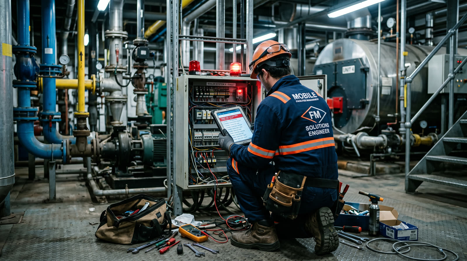 Mobile FM engineer responding to an urgent reactive maintenance call in a plant room with a long work-order queue on a tablet
